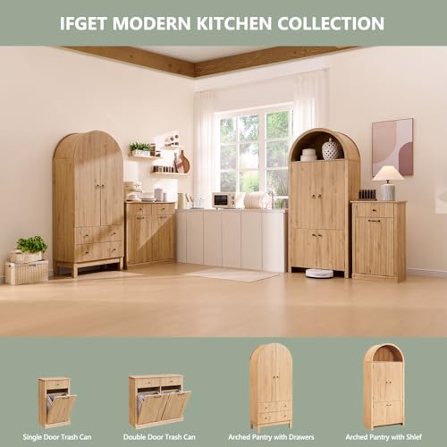 71" Tall Arched Kitchen Pantry, Modern Fluted Wood Storage Cabinet with Doors A419441