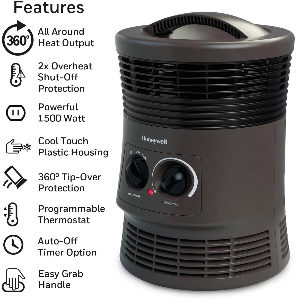 Honeywell HHF360V 360 Degree Surround Fan Forced Heater Charcoal Grey C2157