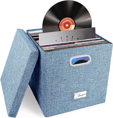Vinyl Record Storage Box for 50 LPs, Stackable Linen Crate with Lid P294298