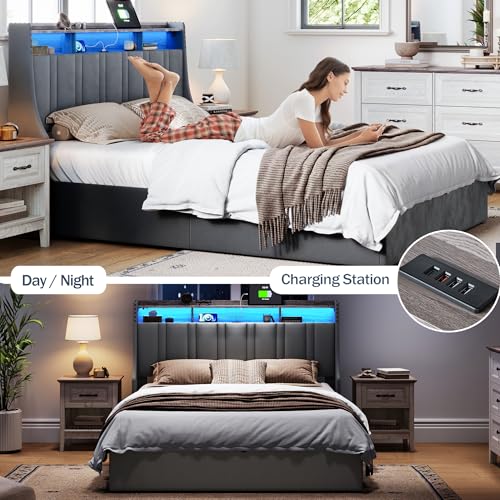 LINSY Lift Up Storage Queen Bed Frame with LED Lights and Charging Station, Dark Grey I29937