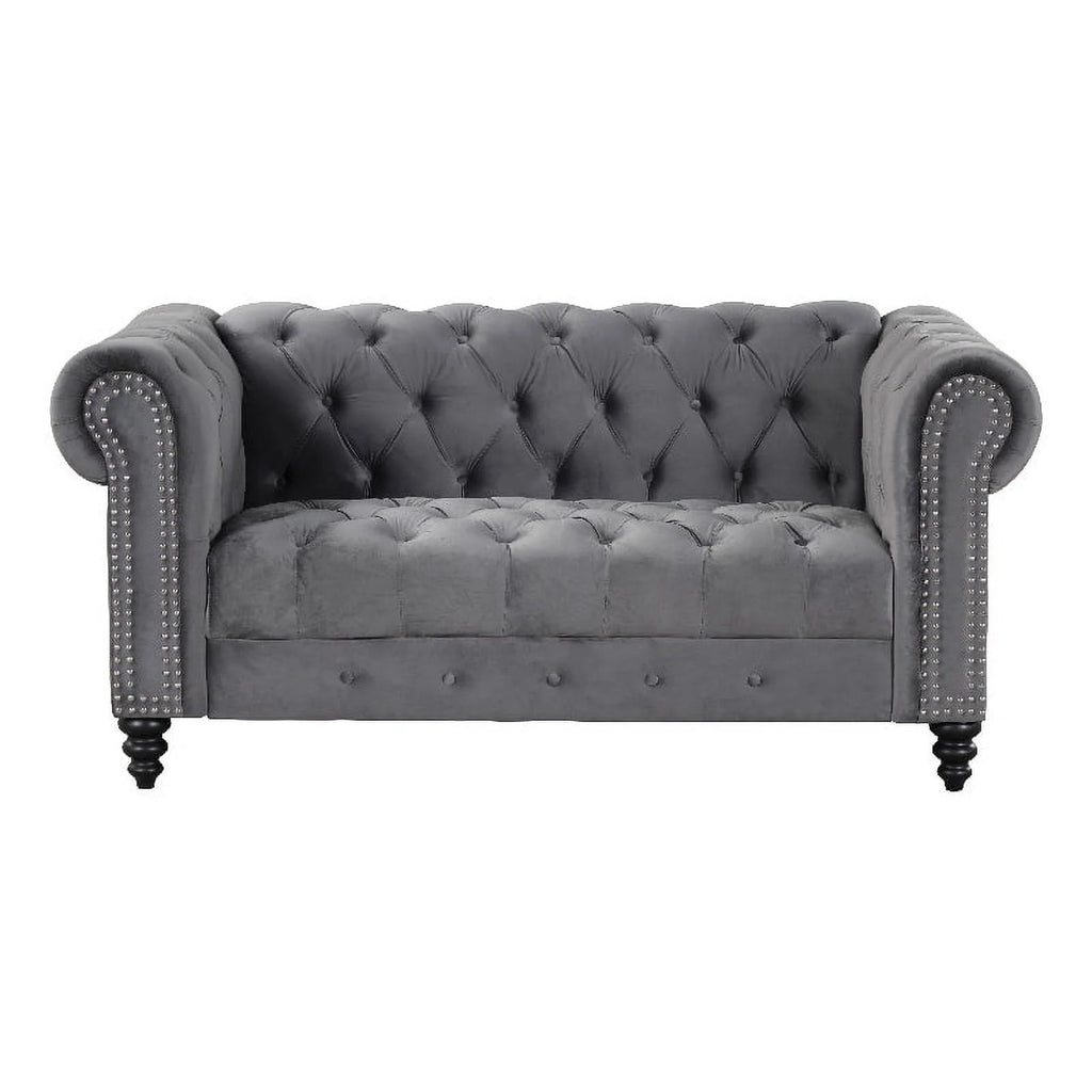 RN Furnishings Chesterfield  68" Button Tufted Velvet Fabric Loveseat-Gray