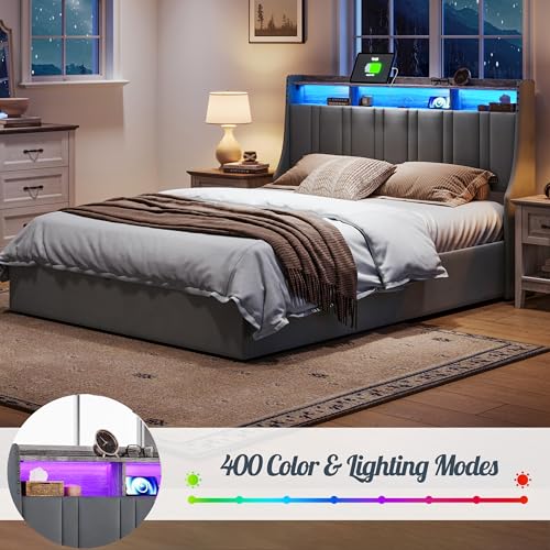 LINSY Lift Up Storage Queen Bed Frame with LED Lights and Charging Station, Dark Grey I29937