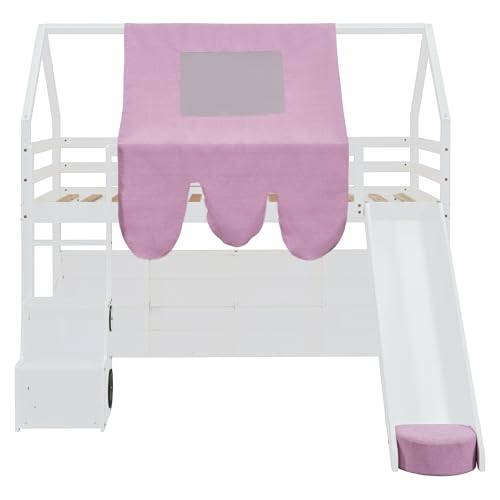 Harper & Bright Designs Kids Twin Low Loft Bed with Slide, Storage Shelves & Stairs, White/Pink C414827