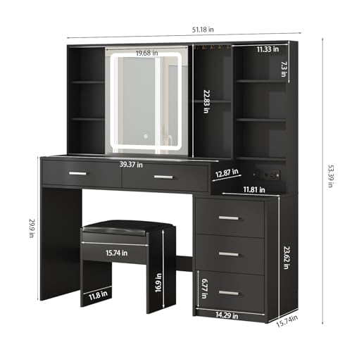 Fameill Vanity Desk with Mirror and Lights, 5 Drawers, Charging Station, White H302
