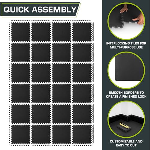 ProsourceFit Extra Thick Puzzle Exercise Mat, EVA Foam Interlocking Tiles, Black, 3/4 inch, 24 Tiles Y76691