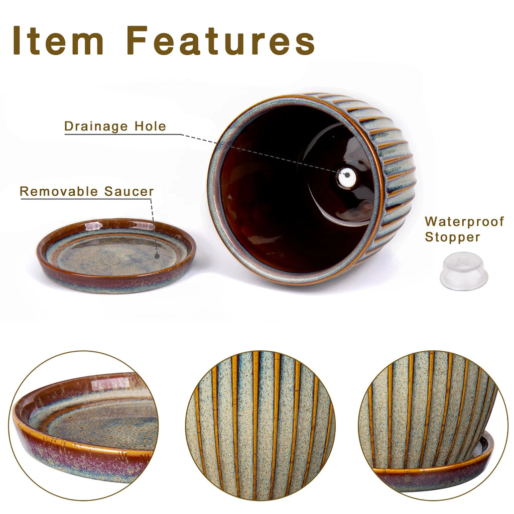 2 Pcs Ceramic Plant Pots with Saucer, 4.9 & 5.7 inch, Brown A251