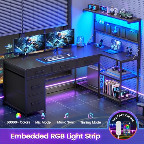 Itaar L Shaped Gaming Desk with LED Lights and Storage, Black P62712