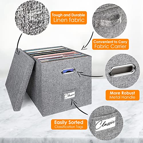 Vinyl Record Storage Box for 50 LPs, Stackable Linen Crate with Lid P294298