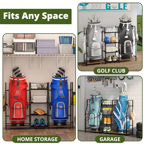 Golf Bag Storage Organizer Rack for 2 Bags, Freestanding Golf Club Holder for Garage Y100182