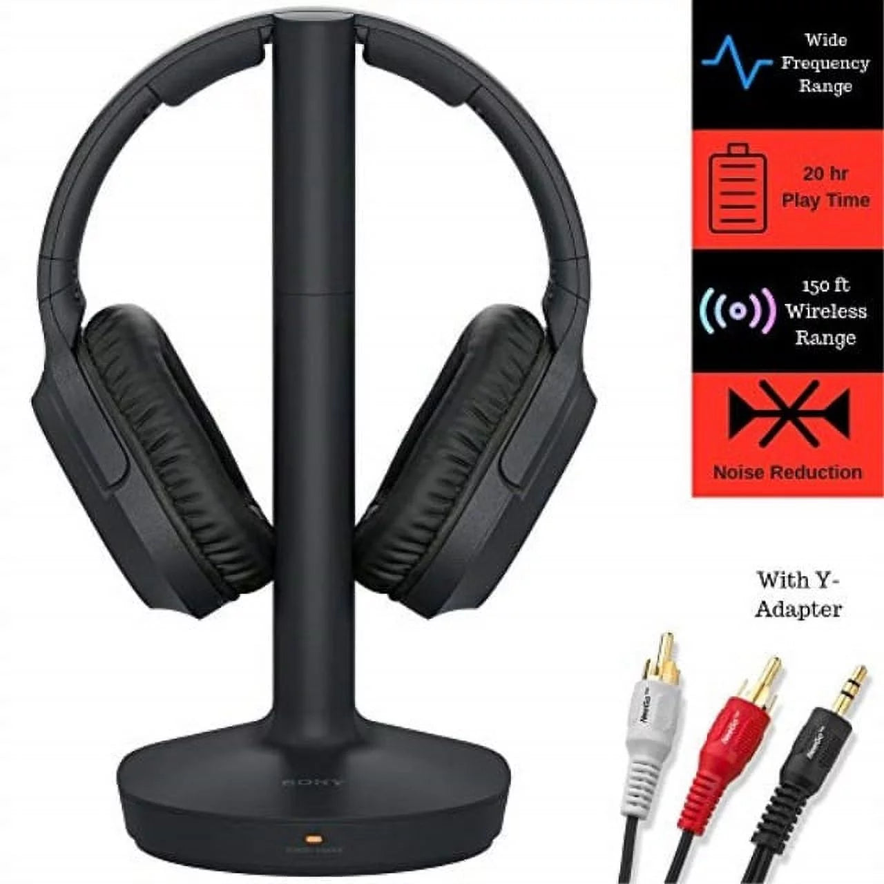 Sony Wireless Over Ear Headphones for TV Watching (WHRF400R) Transmitter Dock 6-ft 3.5mm Stereo + NeeGo RCA Plug Y-Adapter for TV