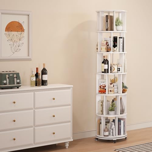 6 Tier Rotating Bookshelf Tower with Swivel Wheels, Solid Wood, Walnut B588