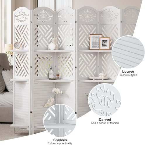Folding Wood Room Divider with Shelves, 6 Panels, Natural K301