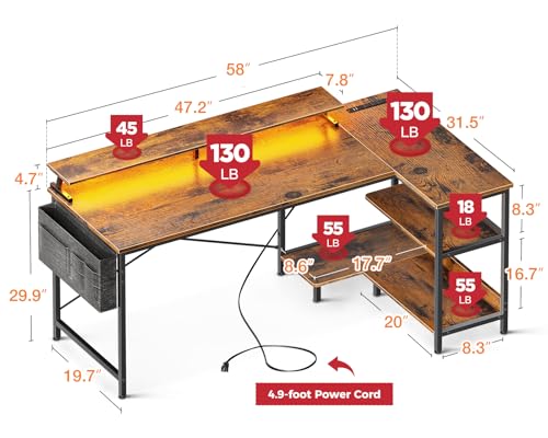 ODK 48 Inch L Shaped Gaming Desk with USB Charging Ports and LED Lights S136