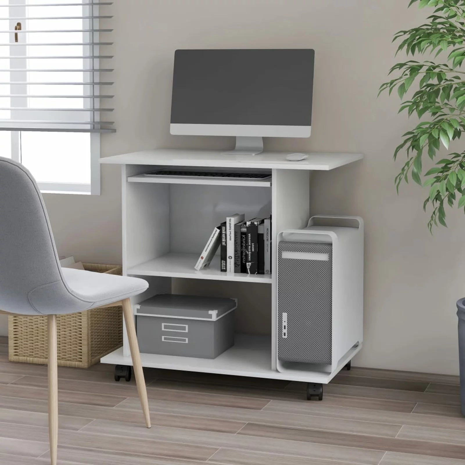 Anself Computer Desk with Keyboard Tray and CPU Tower Writing Table Engineered Wood Wheeled Workstation High Gloss White Home Office Furniture 31.5 x 19.7 x 29.5 Inches (W x D x H)