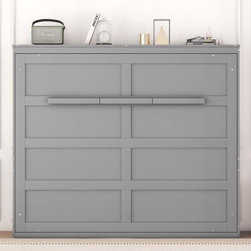 Merax Modern Farmhouse Solid Wood Murphy Cabinet Bed Queen Gray L422