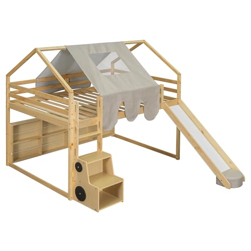 Harper & Bright Designs Kids Twin Low Loft Bed with Slide, Storage Shelves & Stairs, White/Pink C414827