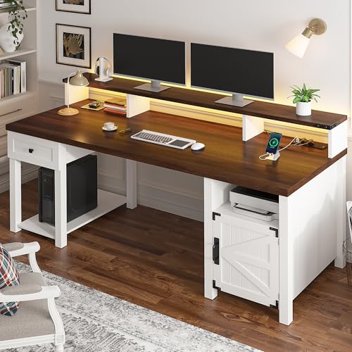 EnHomee Farmhouse Office Desk with Drawer & Power Outlets, Ash Gray K849