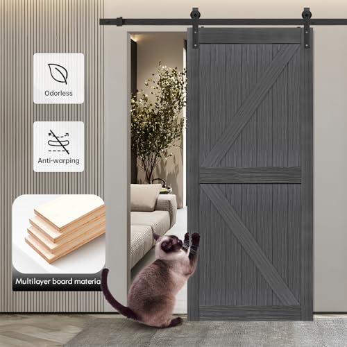 S&Z TOPHAND® 20 in x 84 in Elephant Gray British Brace Knotty Barn Door with 4FT Sliding Hardware Kit G149446