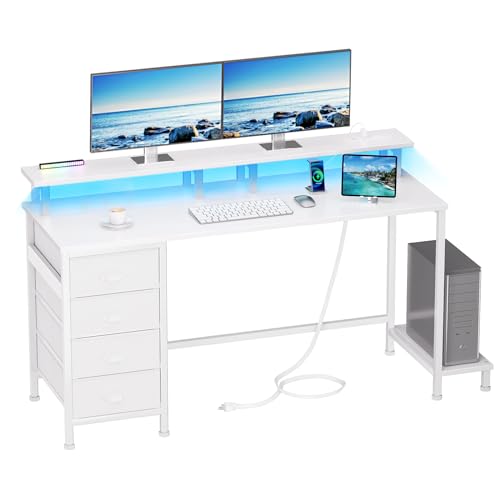Furologee 47" Computer Gaming Desk with Monitor Stand, 4 Fabric Drawers & Power Outlets, Rustic Brown U645888
