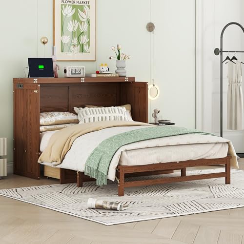 Queen Murphy Bed with Desk and Removable Shelves, USB Port, White H566492