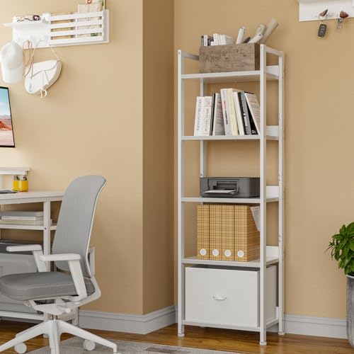 Furologee 5 Tier Bookshelf with Drawer, Industrial Tall Narrow Bookcase, Black T883828