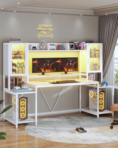 SEDETA Gaming Desk 74.8'' with LED Lights, Hutch and Storage Shelves, White W26827