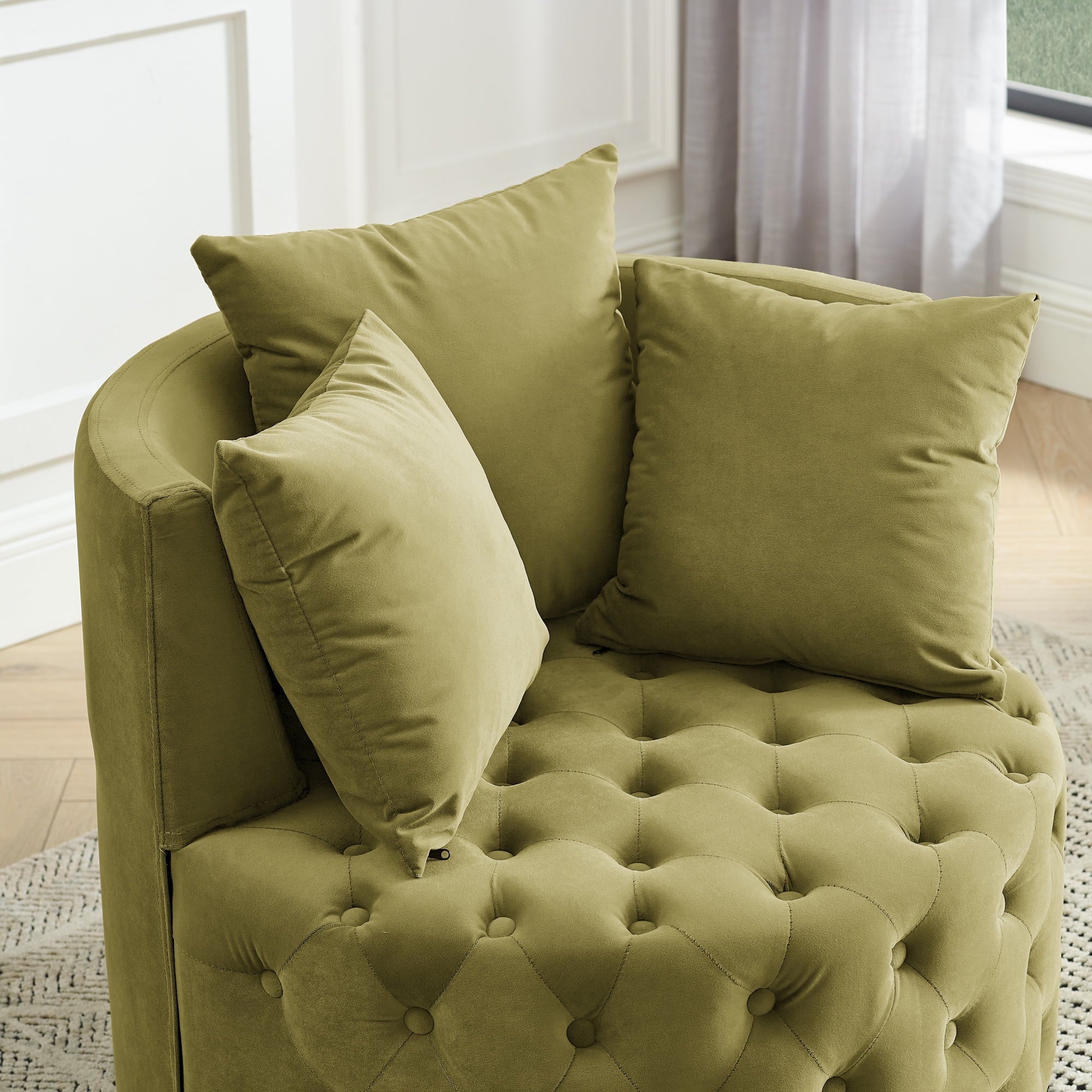 Buumin Velvet Upholstered Swivel Chair with 3 Pillows, Khaki Green Y892