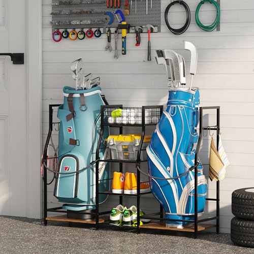 Golf Bag Storage Organizer Rack for 2 Bags, Freestanding Golf Club Holder for Garage Y100182