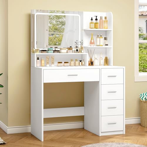 Quimoo Makeup Vanity Desk with Mirror & Lights, 5 Drawers, White Y954