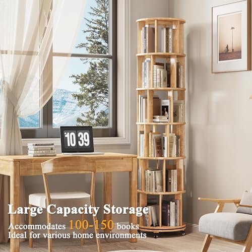 6 Tier Rotating Bookshelf Tower with Swivel Wheels, Solid Wood, Walnut B588