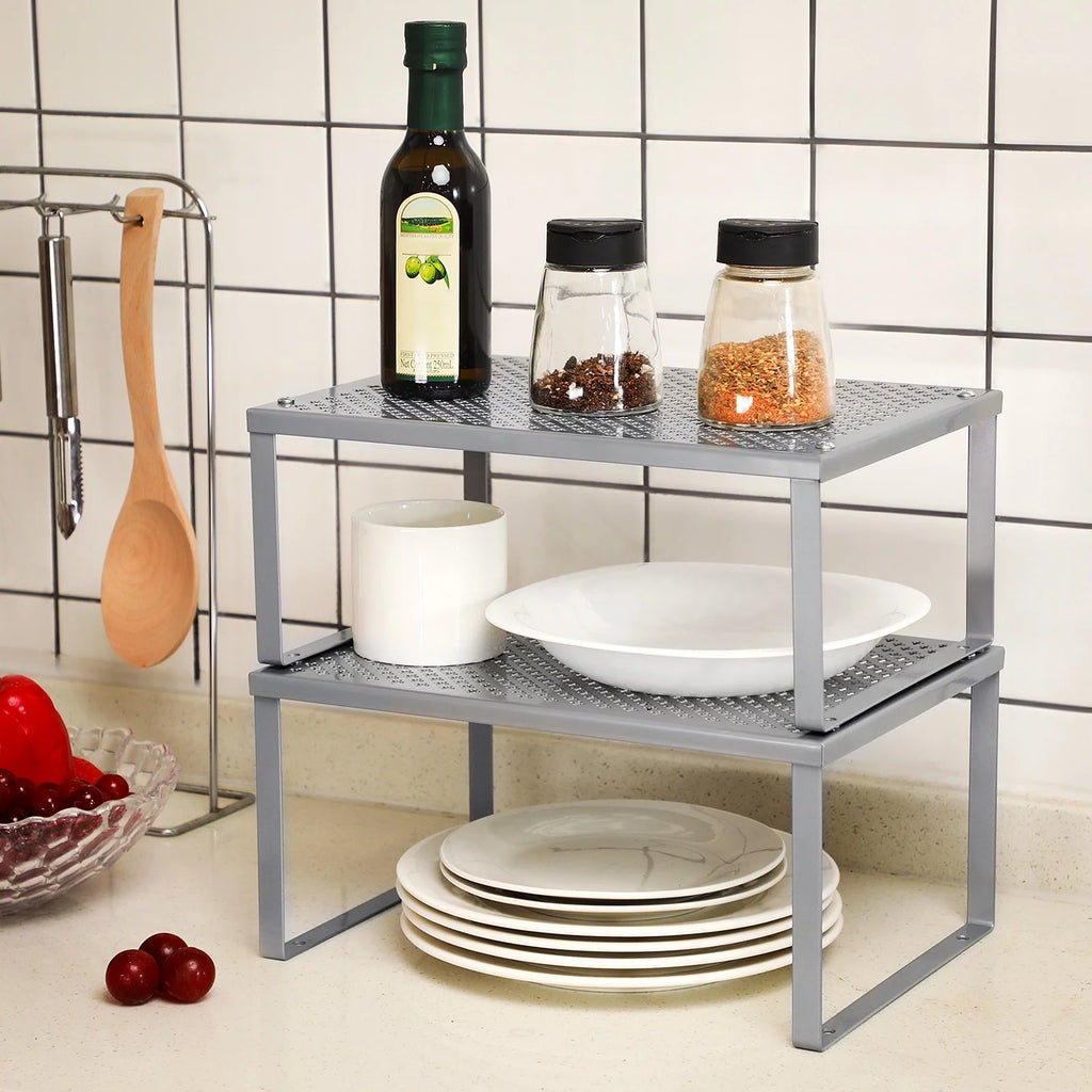 SONGMICS Cabinet Shelf Organizer Riser Set of 2 Silver L86861