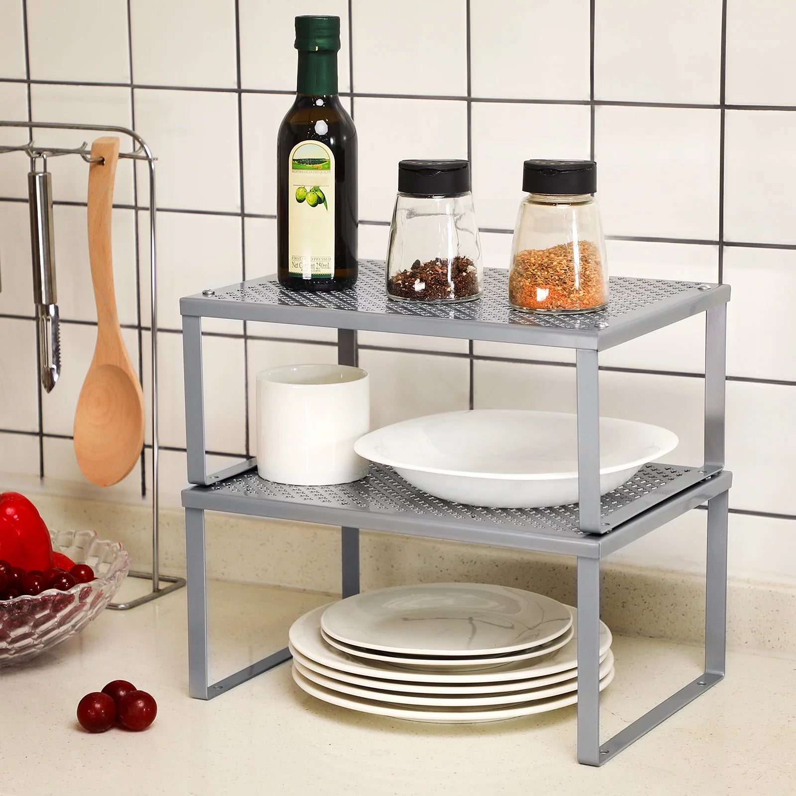 SONGMICS Cabinet Shelf Organizer Riser Set of 2 Silver L86861