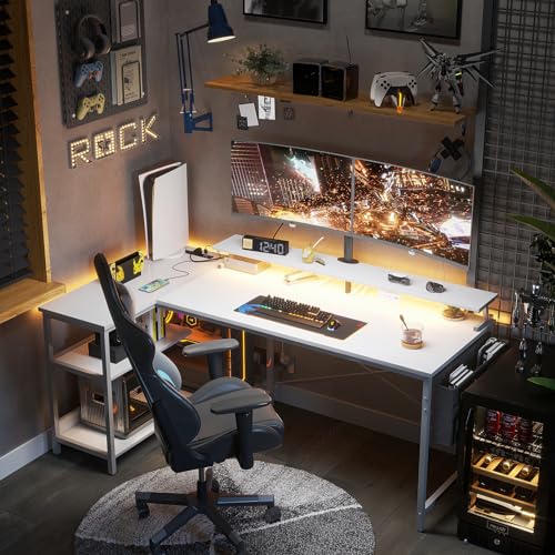 ODK 48 Inch L Shaped Gaming Desk with USB Charging Ports and LED Lights S136