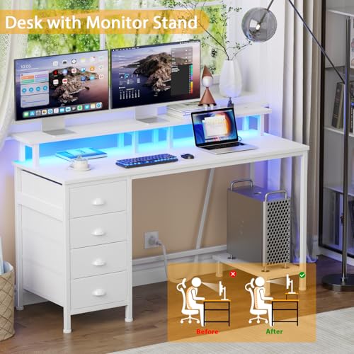 Furologee 47" Computer Gaming Desk with Monitor Stand, 4 Fabric Drawers & Power Outlets, Rustic Brown U645888