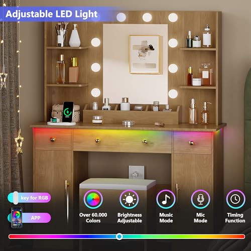 White Vanity Desk with Mirror and Lights, Charging Station and Stool Z6519
