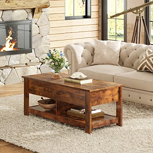 WLIVE Lift Top Coffee Table with Storage Shelf, Rustic Brown Z11463