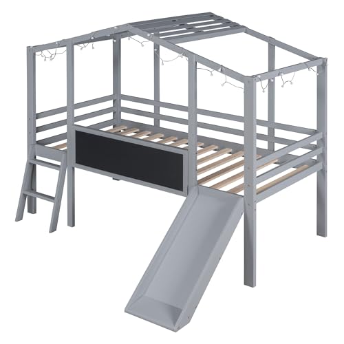 Harper & Bright Designs Kids Twin Low Loft Bed with Slide, Storage Shelves & Stairs, White/Pink C414827