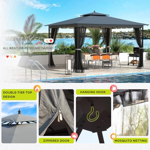 10x12 Gazebo with Mosquito Netting, Sturdy Metal Frame, Waterproof for Patio E825