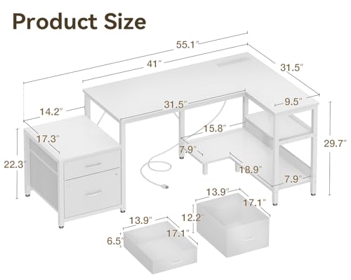 Casaottima 55 Inch L Shaped Desk with Drawers & File Cabinet, Rustic Brown B7734