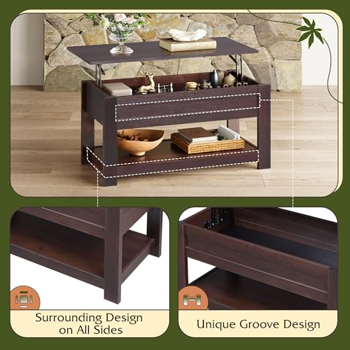 WLIVE Lift Top Coffee Table with Storage Shelf, Rustic Brown Z11463