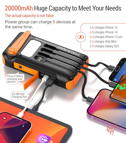 Solar Power Bank 20000mAh with Hand Crank and 4 Cables, Orange N83109