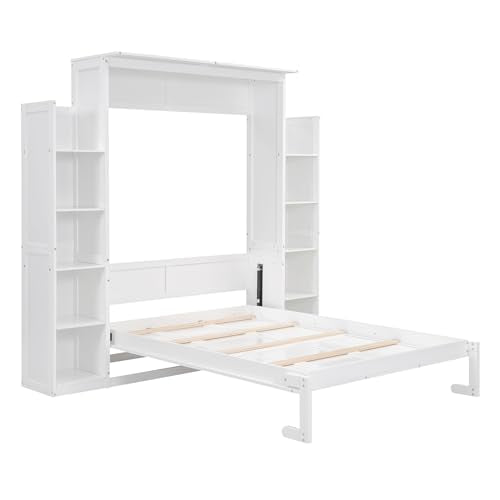 Merax Queen Size Wood Murphy Bed with LED Lights and Shelves, Grey K26344