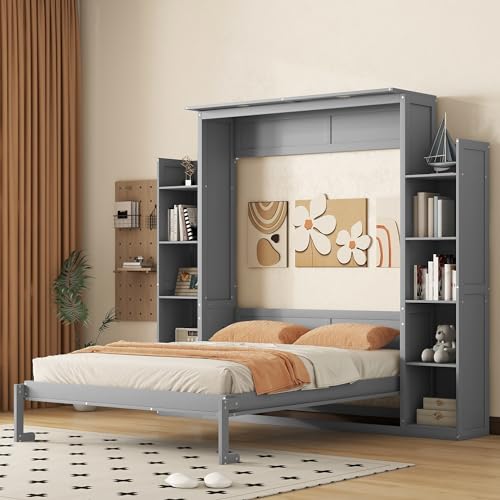 Merax Queen Size Wood Murphy Bed with LED Lights and Shelves, Grey K26344