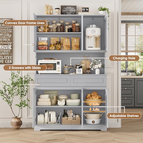 74" Tall Pantry Cabinet with 6 Doors and 2 Drawers, Grey E15130