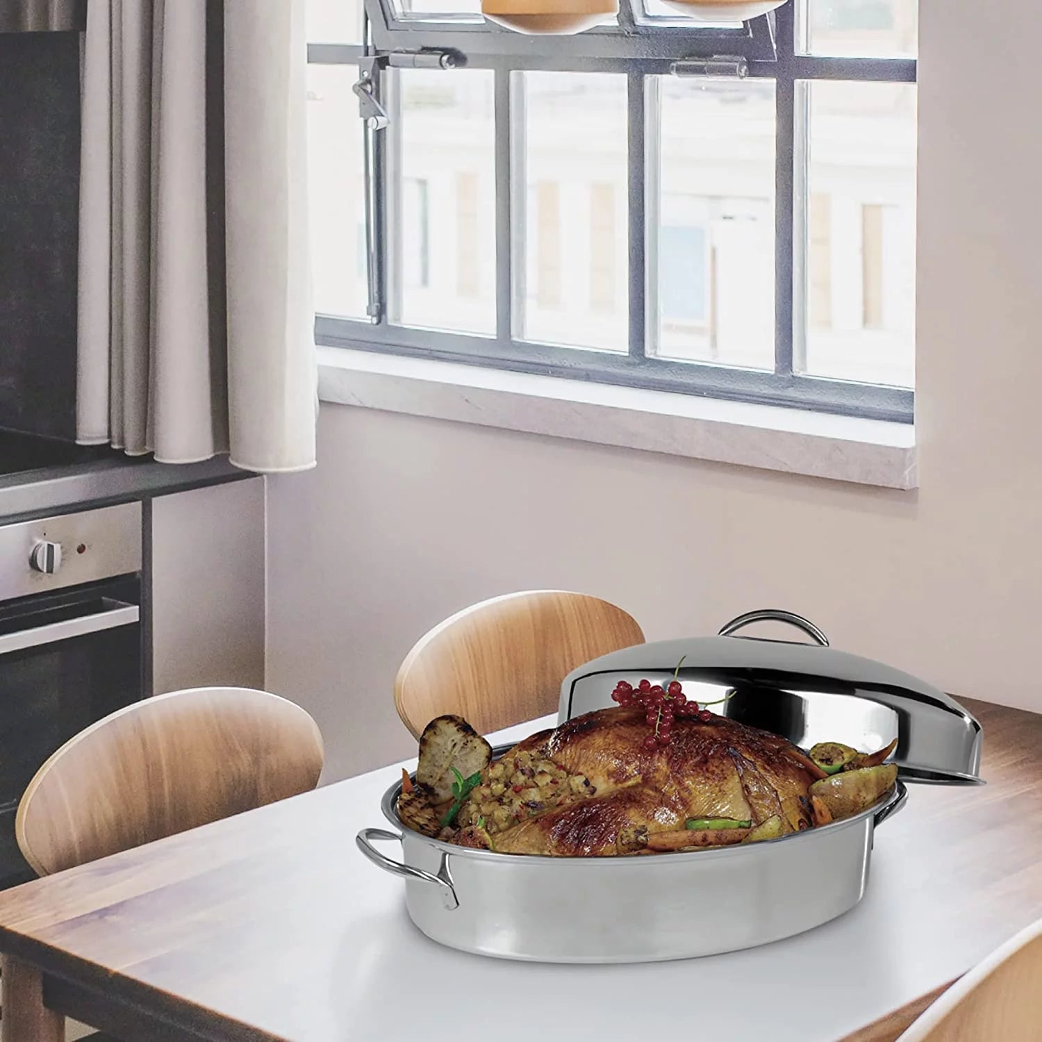 Oval Turkey Roaster with Rack and Lid, 42cm Stainless Steel H921