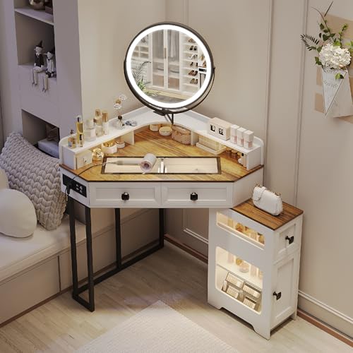 White Corner Vanity Desk with Mirror and Lights I97733