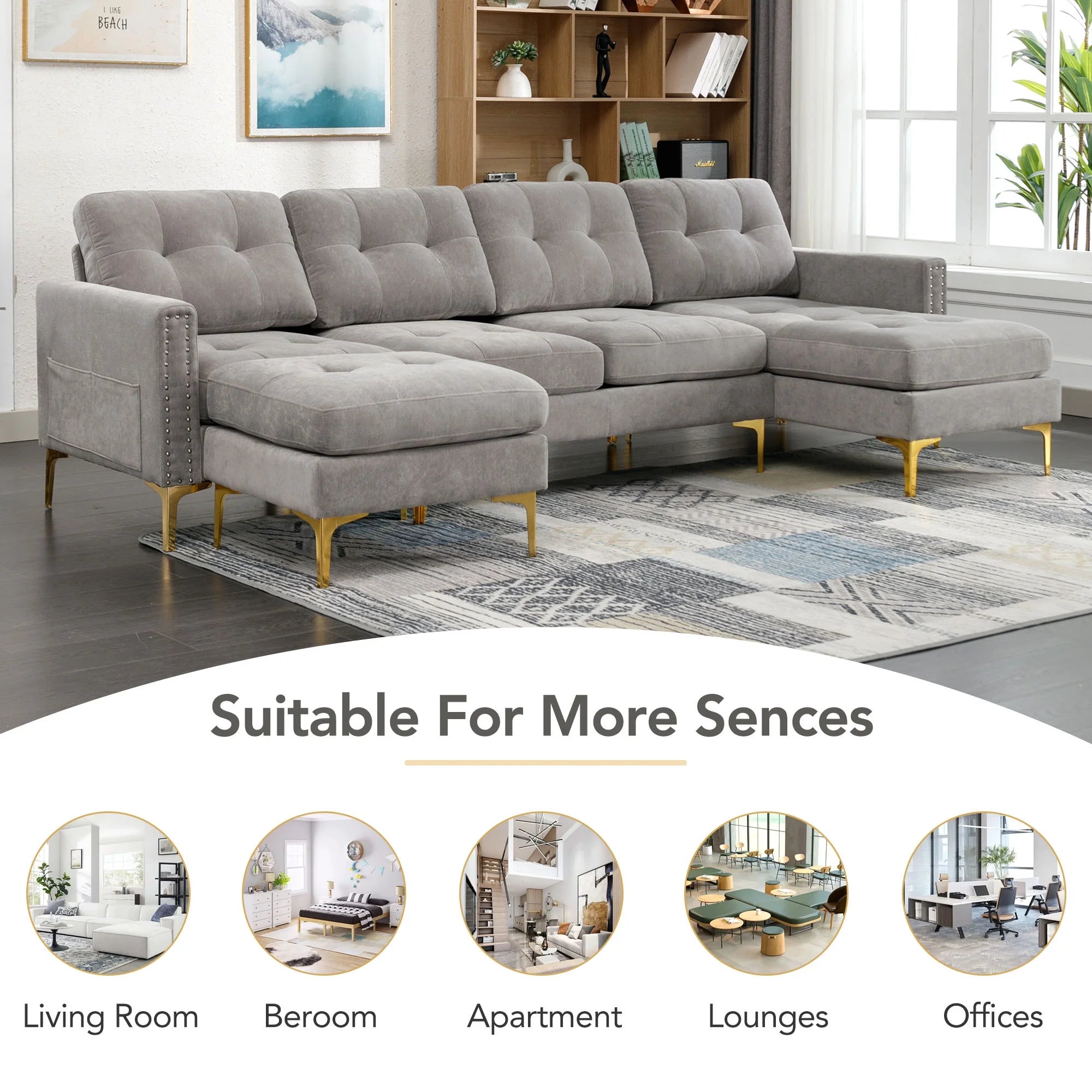 Soges U-Shaped Sectional Sofa with Ottoman, Gray, 110"x54" O53345