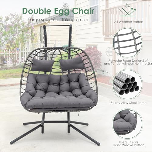 Double Egg Swing Chair with Stand, Rattan Wicker, UV Resistant Cushion, Metal Frame N439669