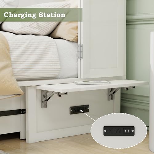 Solid Wood Murphy Bed Cabinet Full with USB Charging Ports and Storage Drawer, Ebony D190415