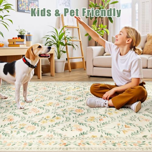 8x10 Floral Washable Area Rug for Living Room, Vintage Soft Non-Slip Carpet Z978379